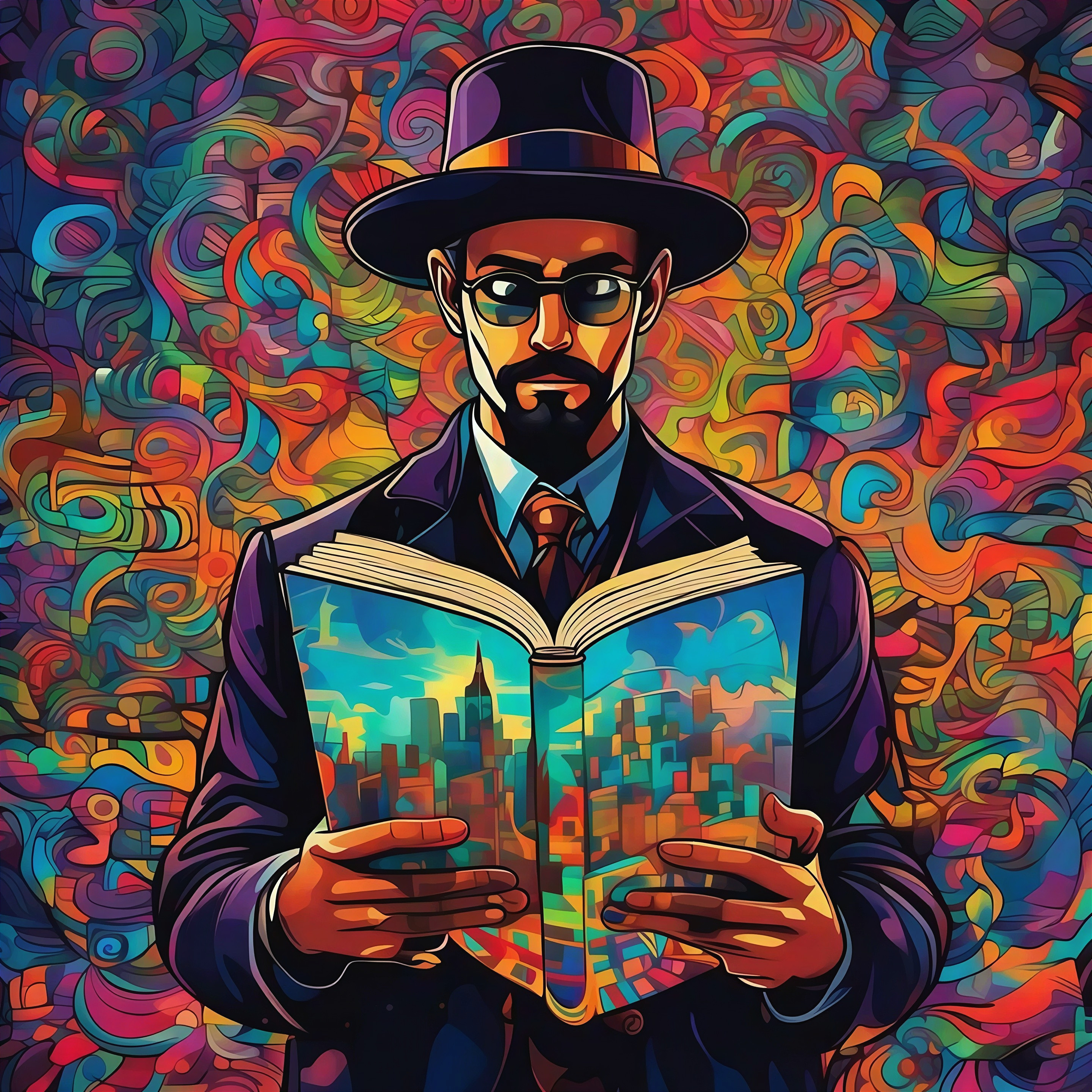 Psychedelic Illustration of a Man with Book and Cityscape