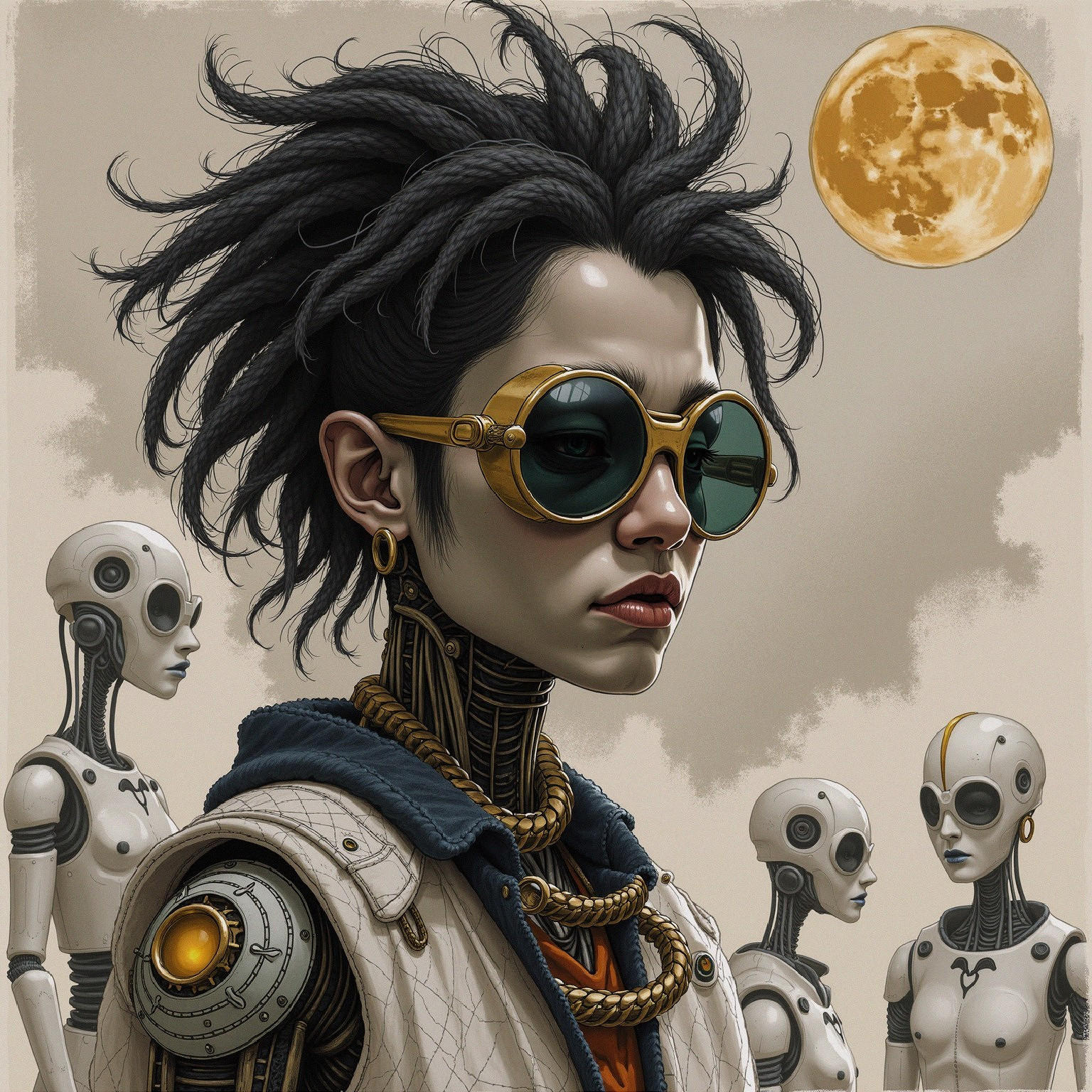 Futuristic Landscape with Cybernetic Figure and Robots