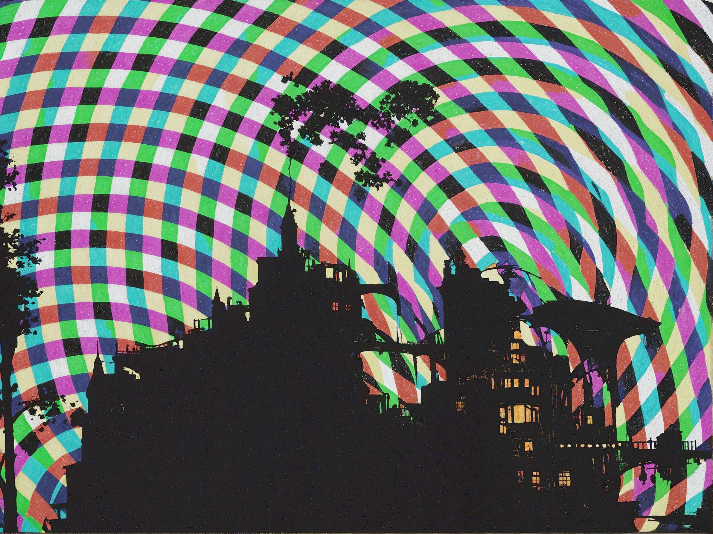 Silhouette of a Fantastical Building with Colorful Background