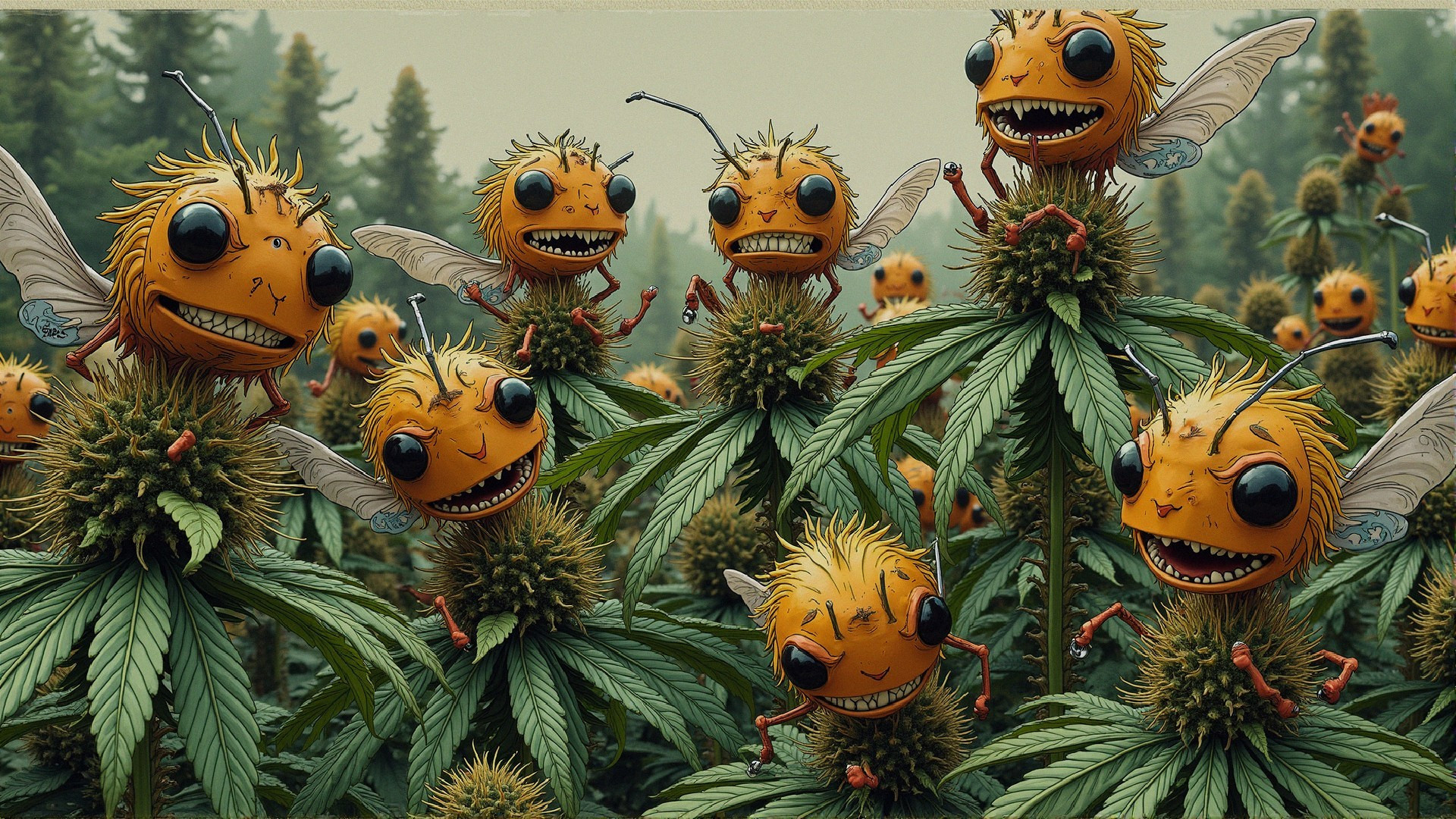 Whimsical Scene of Cartoon Creatures in Cannabis Field