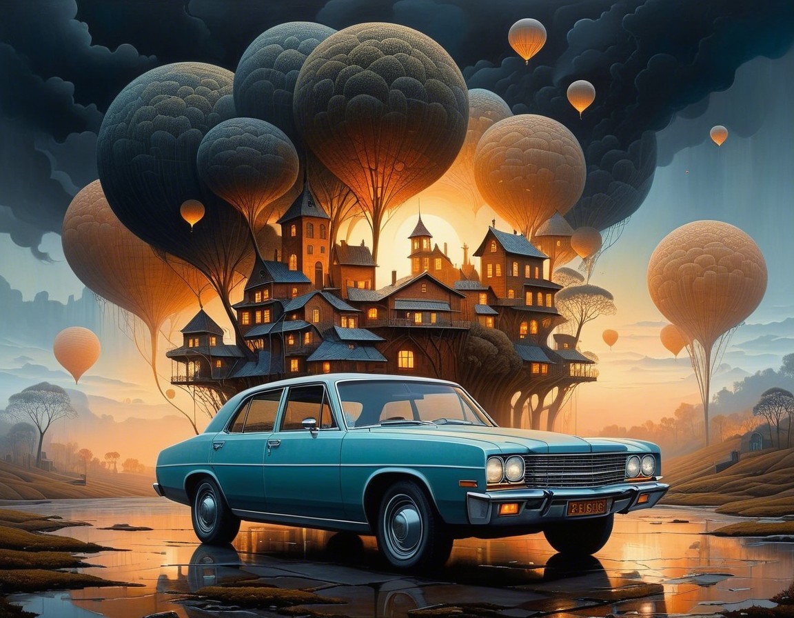 Vintage Blue Car Reflected in Puddle with Balloons