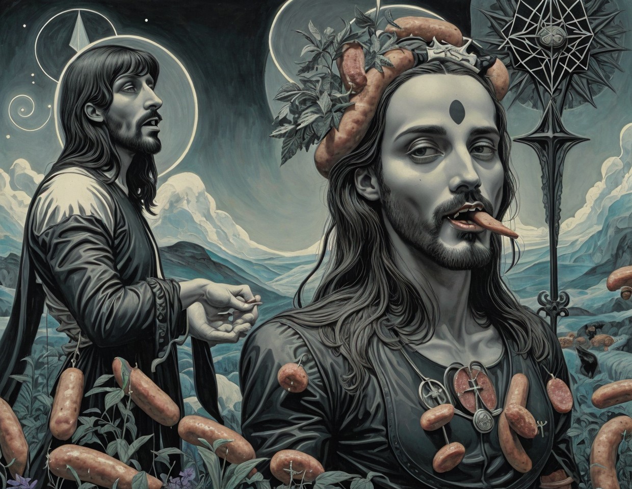 Surreal Artwork with Two Figures in Dreamlike Landscape