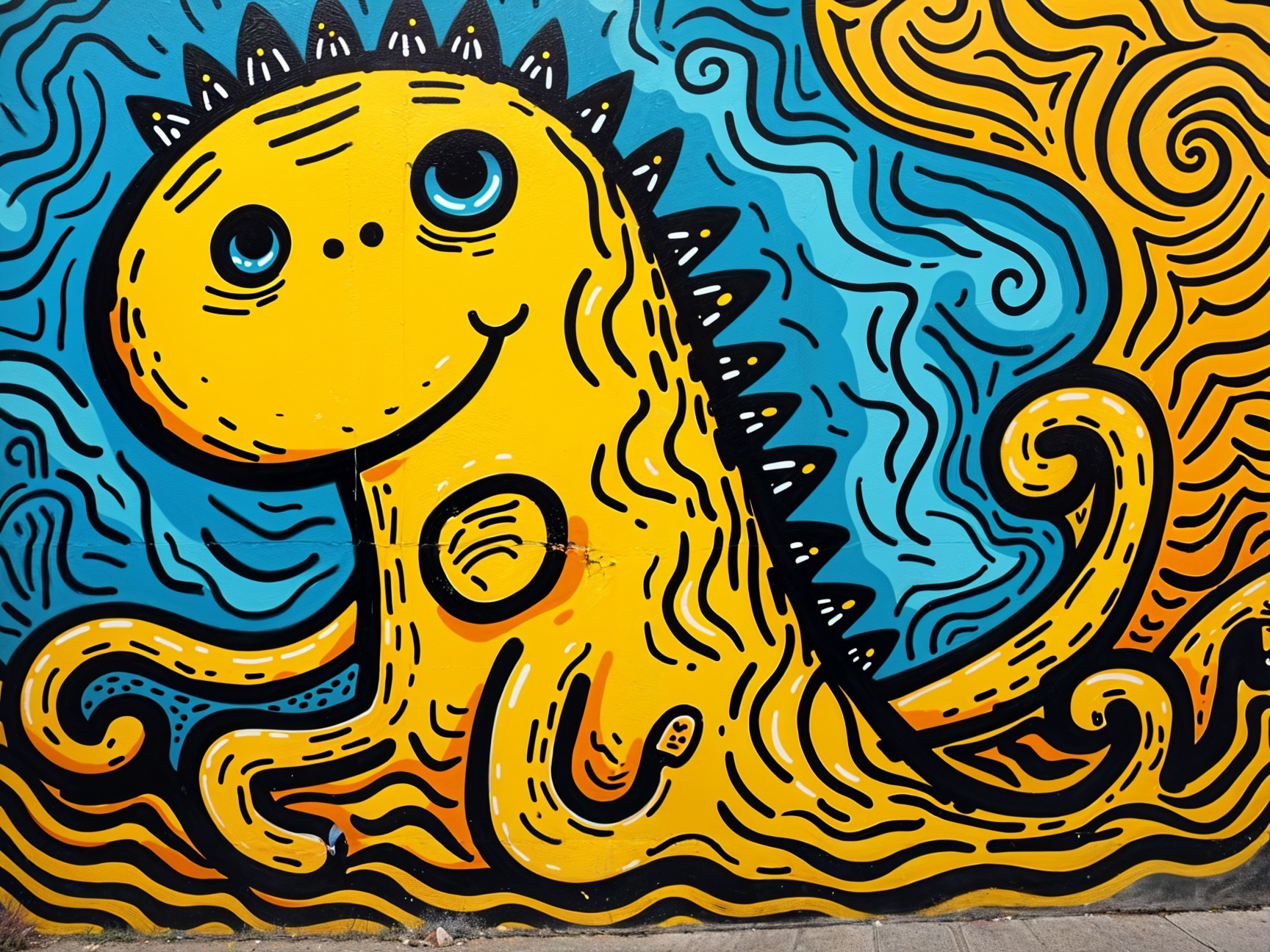 Vibrant Mural of Cheerful Yellow Creature with Patterns