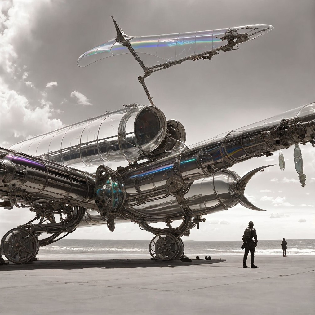 Steampunk Airship on Coastal Runway with Pilot Figure
