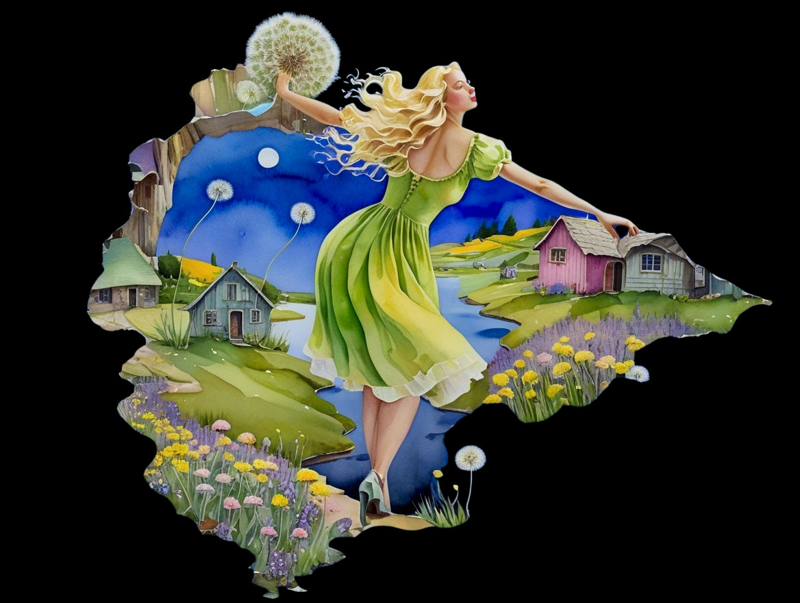 Whimsical Scene of Woman in Green Dress and Flowers
