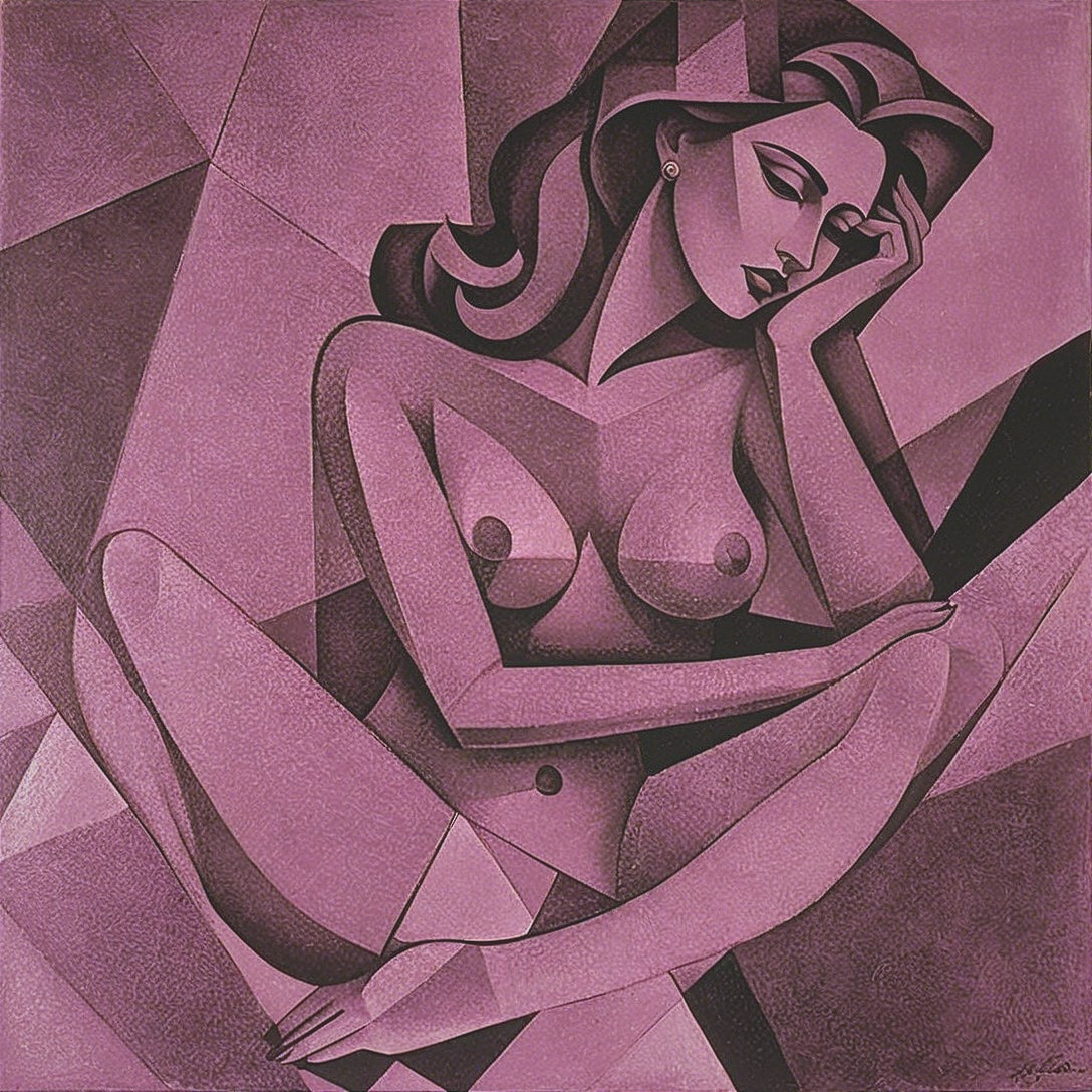 Stylized Nude Woman in Pink and Grey with Geometric Background
