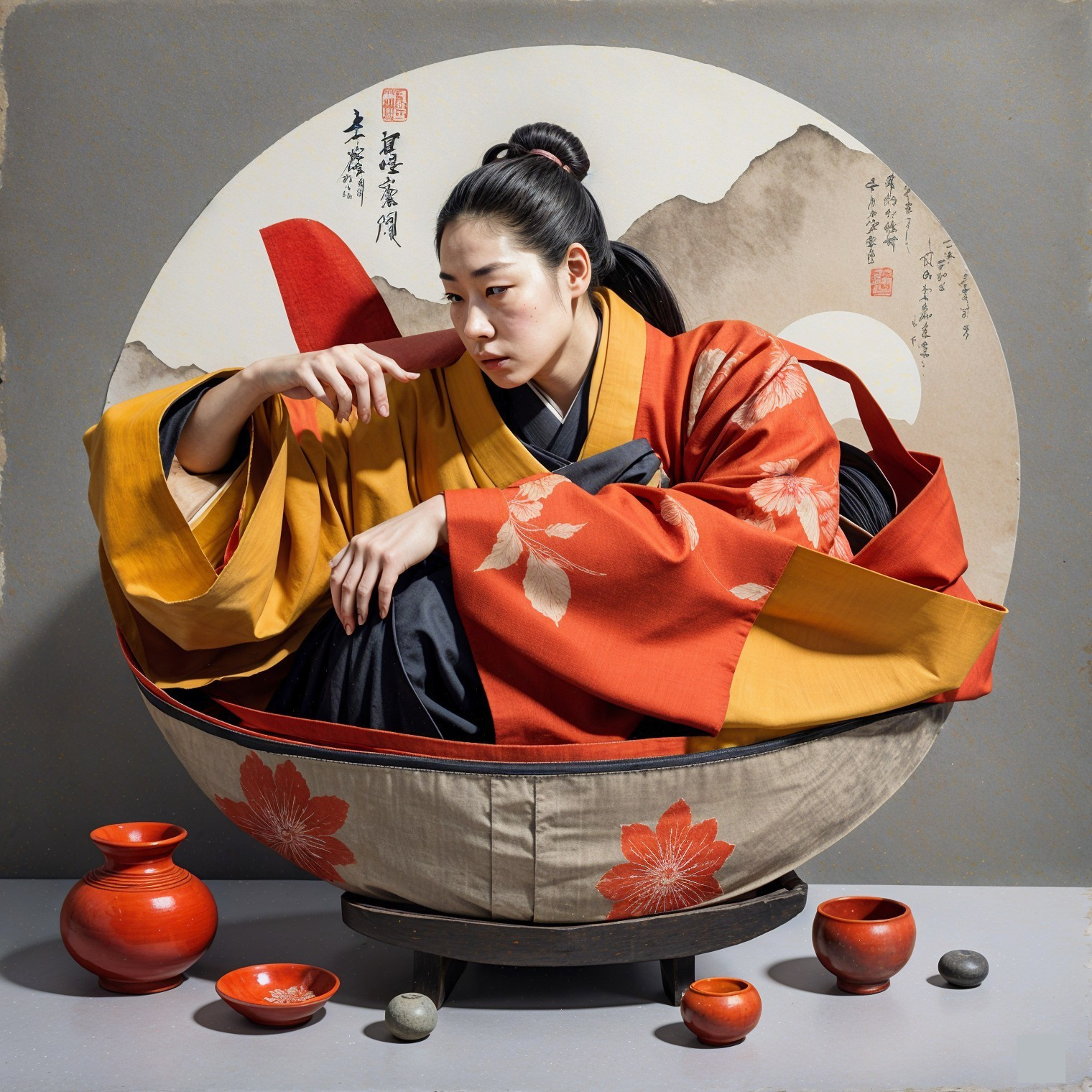 Woman in Kimono Surrounded by Ceramics and Stones
