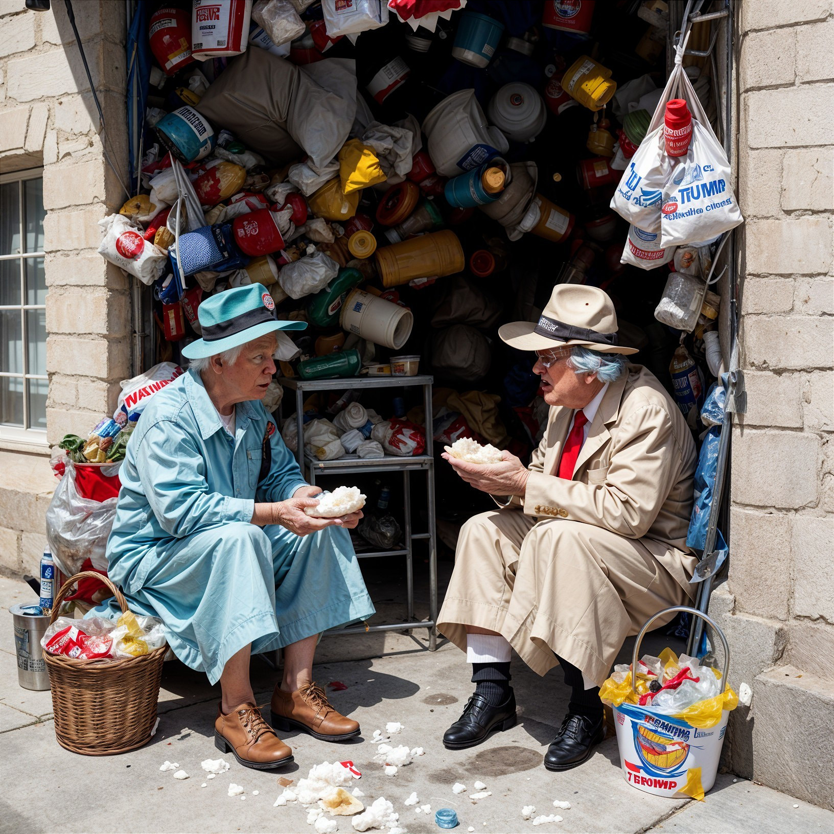 Elderly Women with Cotton Candy Amidst Colorful Trash