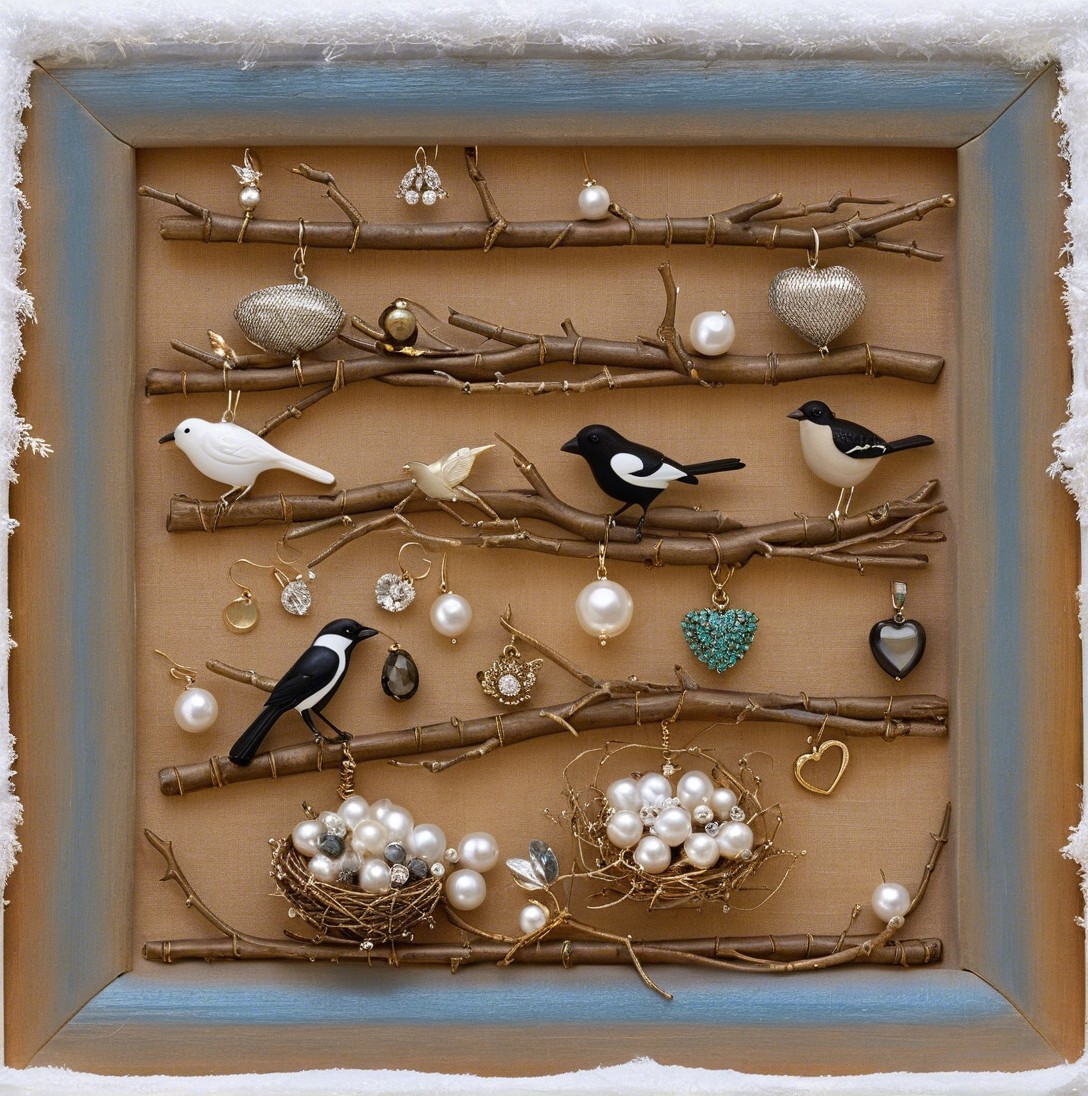 Decorative Shadow Box with Twigs and Elegant Accessories