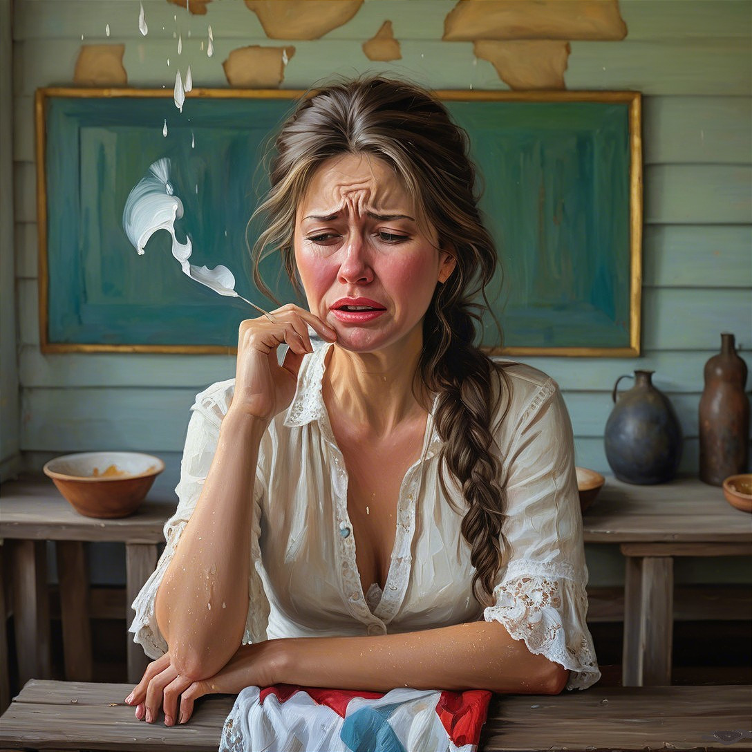 Woman with distressed expression at a wooden table