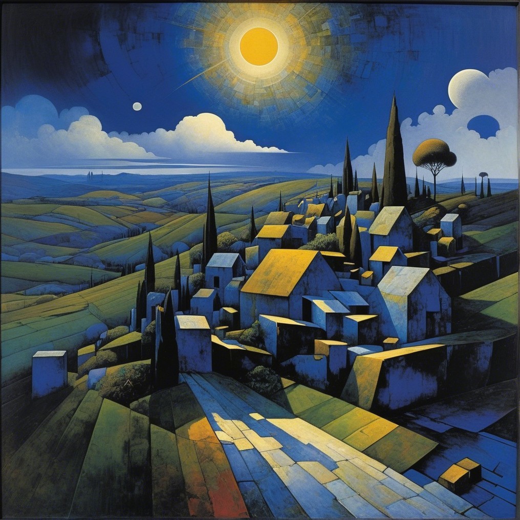 Surreal Landscape with Village and Geometric Structures