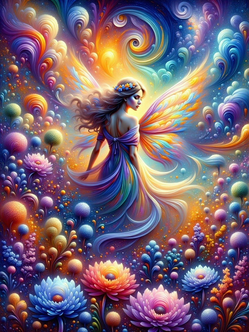 Enchanting Fairy in Colorful Floral Landscape