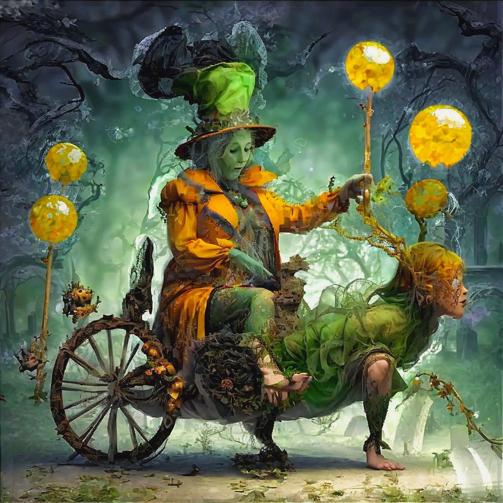 Whimsical Character in Oversized Hat on Decorated Cart