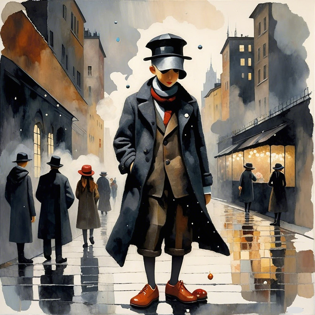 Young Boy in Dark Coat on Rain-Soaked Street