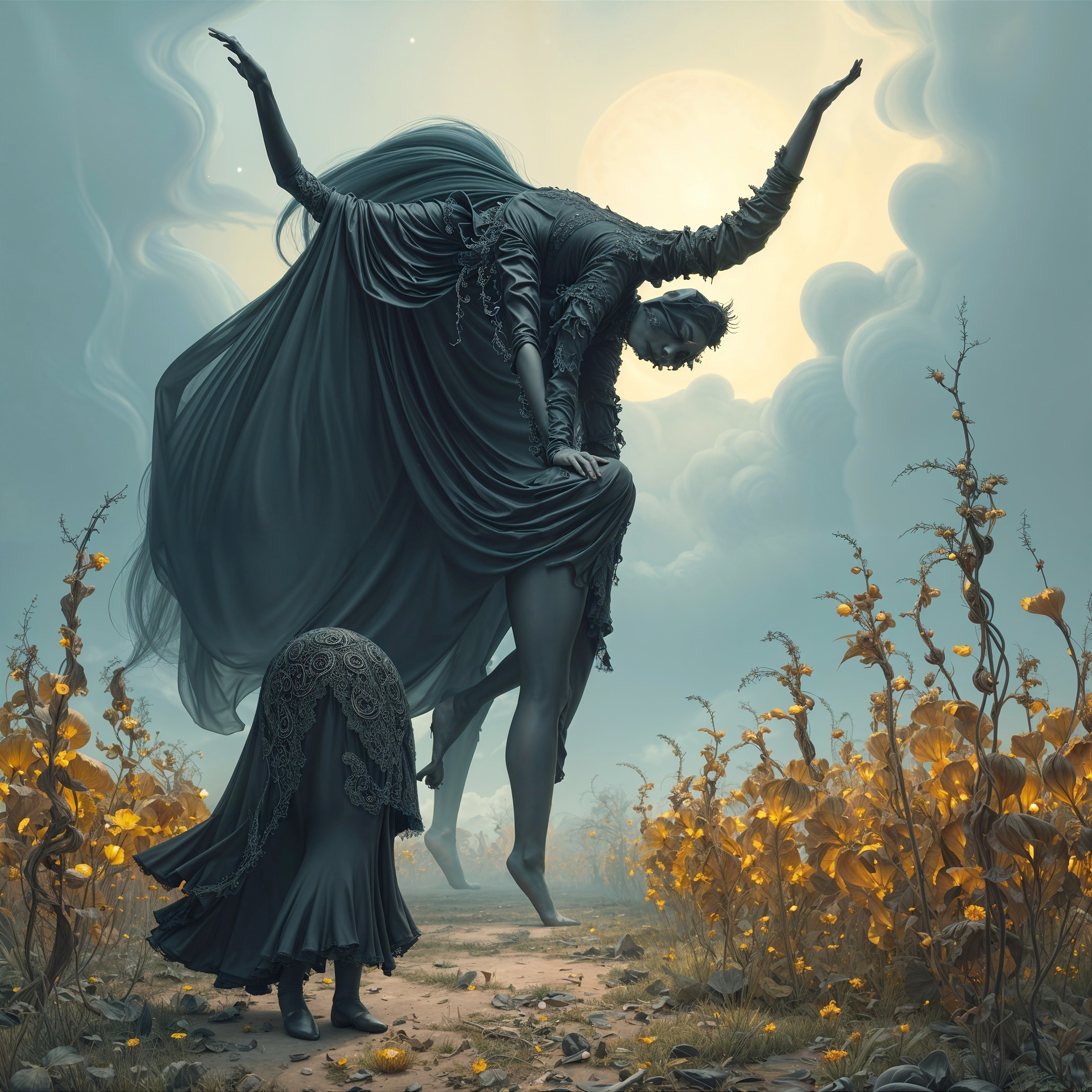 Surreal Landscape with Shadowy Figures and Moonlight