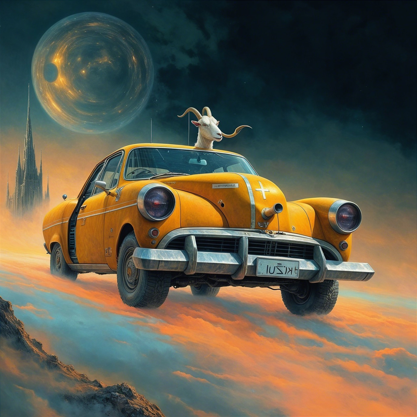 Surreal Landscape with Vintage Car and Goat