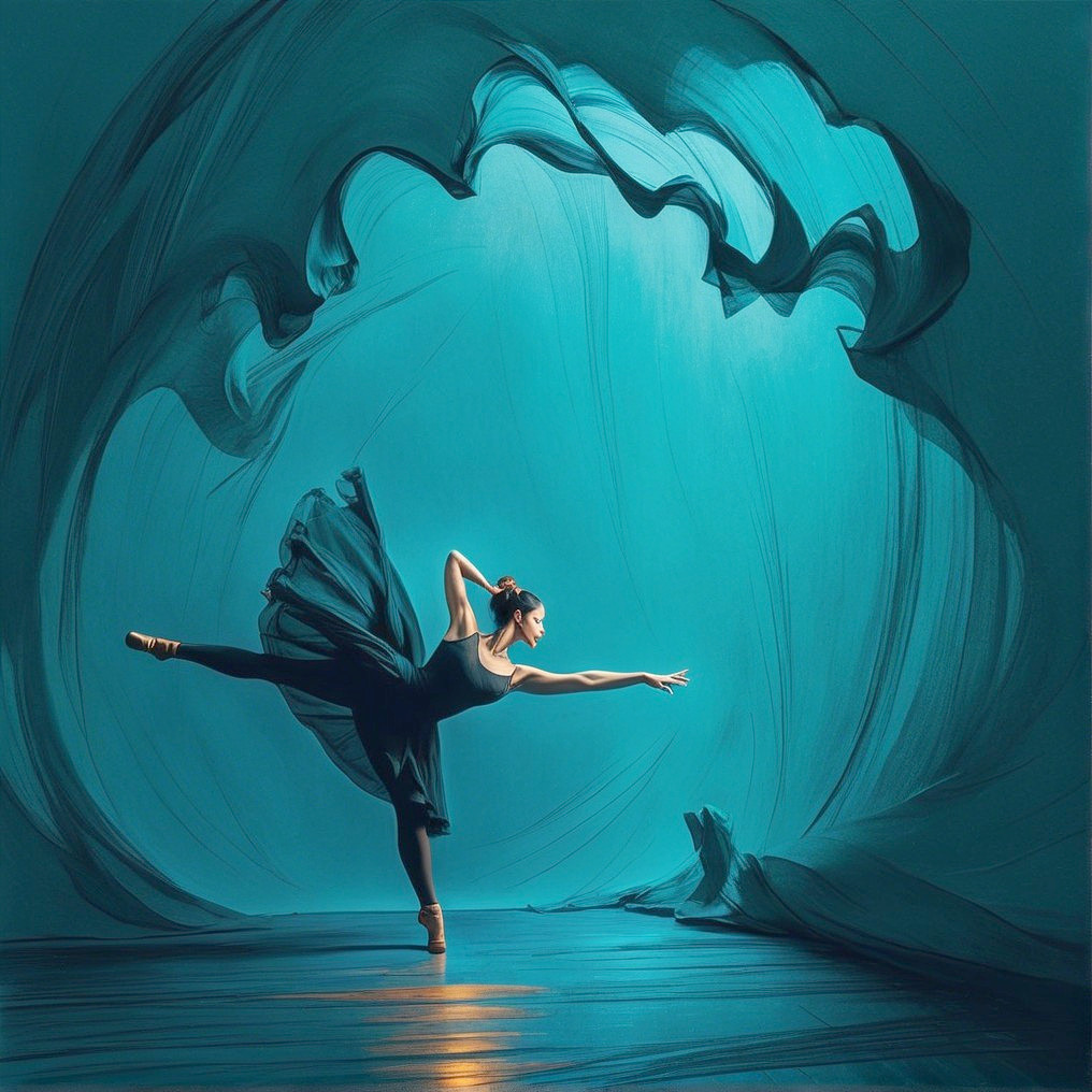 Elegant Dancer in Black Dress Against Turquoise Backdrop