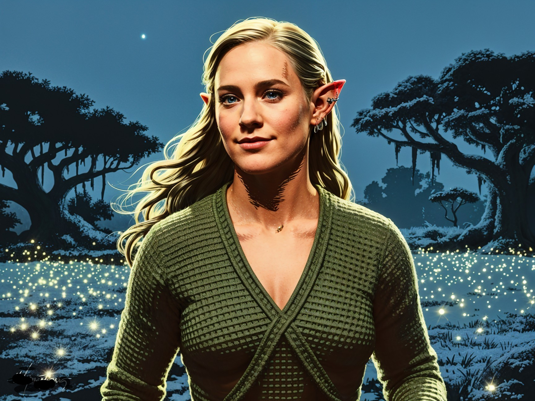 Serene elf in mystical landscape with starry night sky