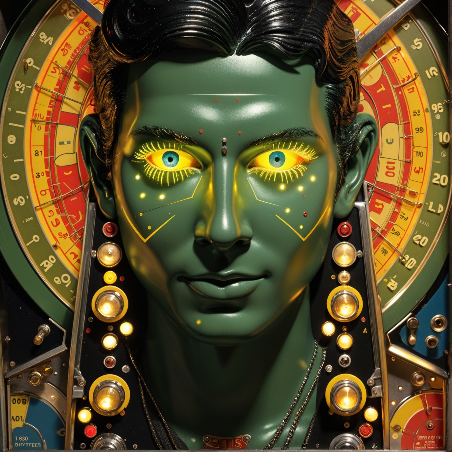 Futuristic humanoid face with green skin and yellow eyes