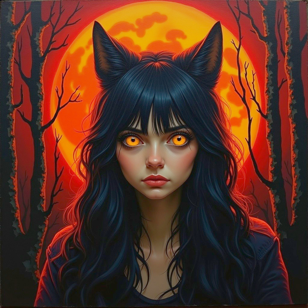Fierce Woman with Cat Ears Under Orange Full Moon