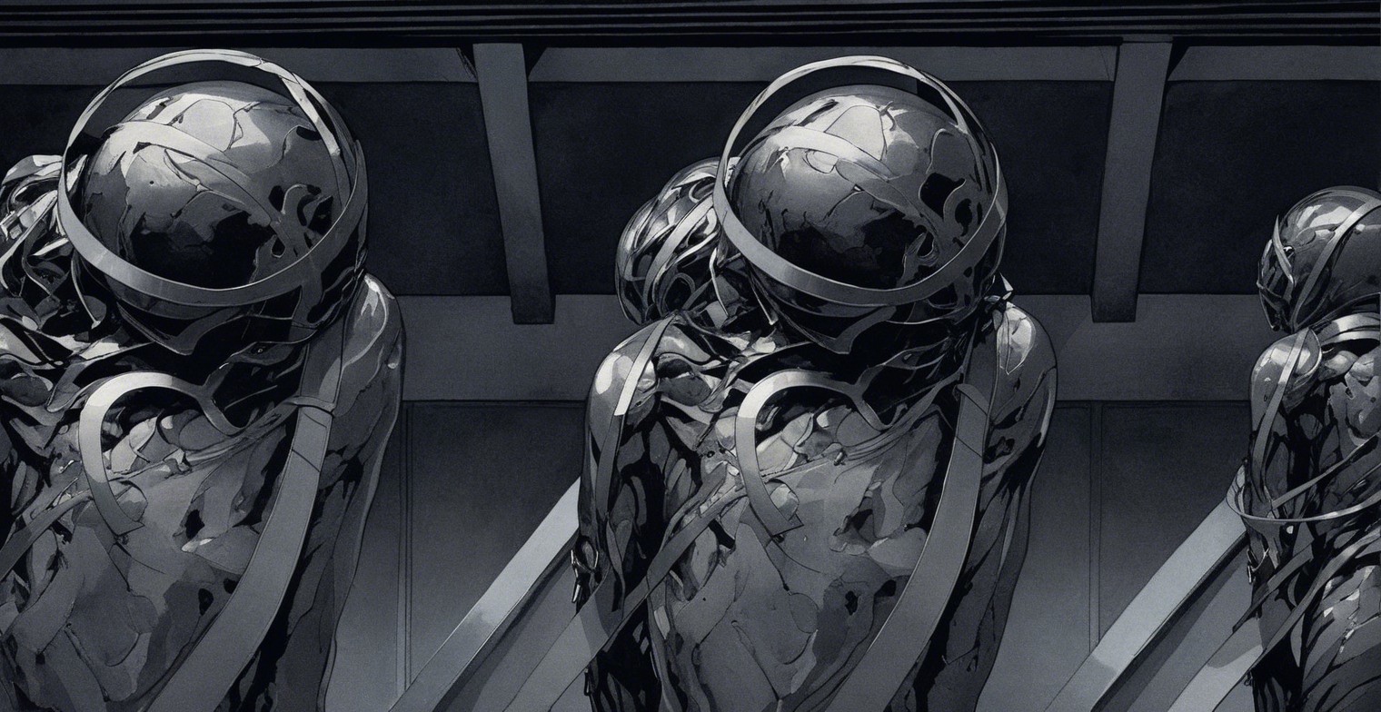 Futuristic humanoid figures with glossy surfaces and helmets