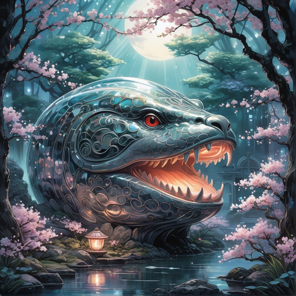 Serpent Head in Moonlit Pond with Cherry Blossoms