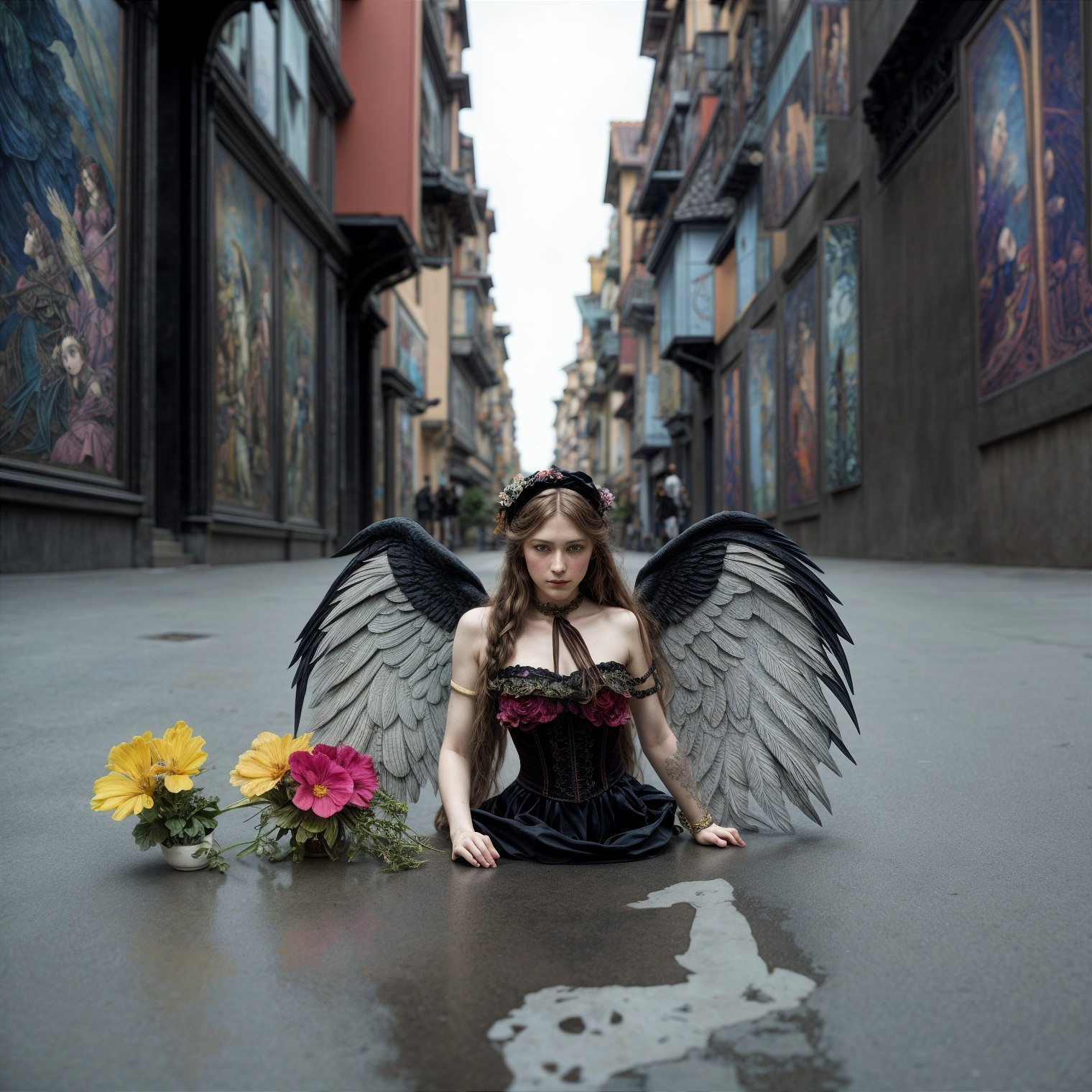Surreal Scene of Woman with Wings Amid Colorful Flowers