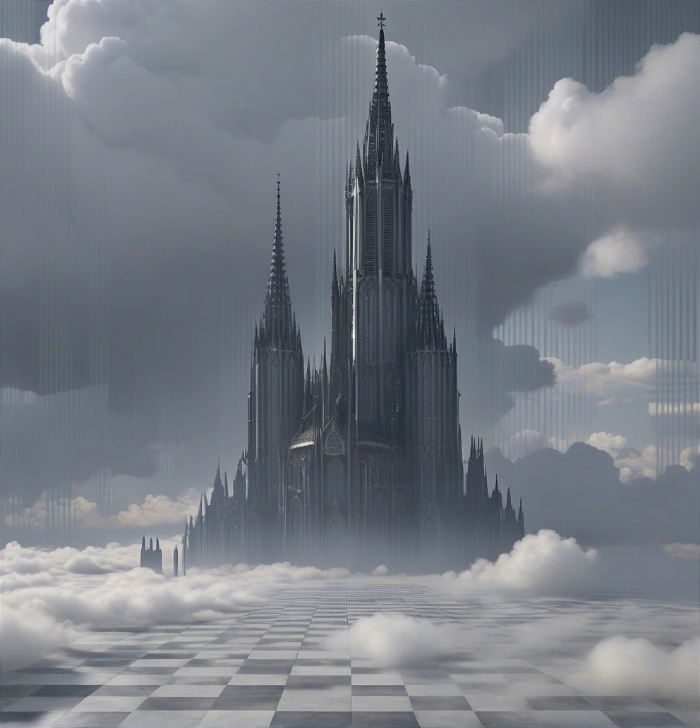 Gothic castle amidst clouds in a dreamlike landscape