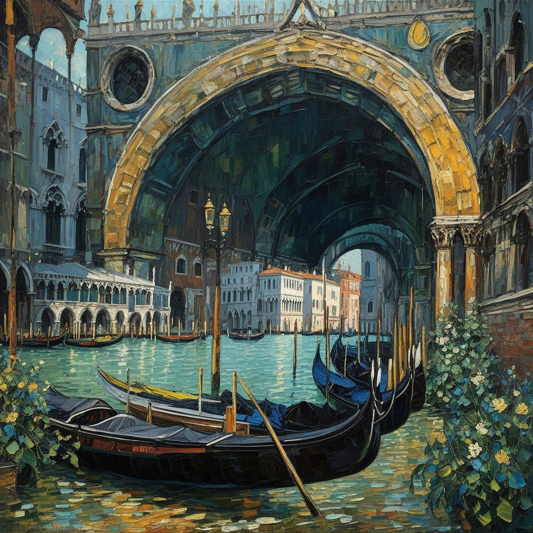 Vibrant Canal Scene in Venice with Gondolas and Bridge