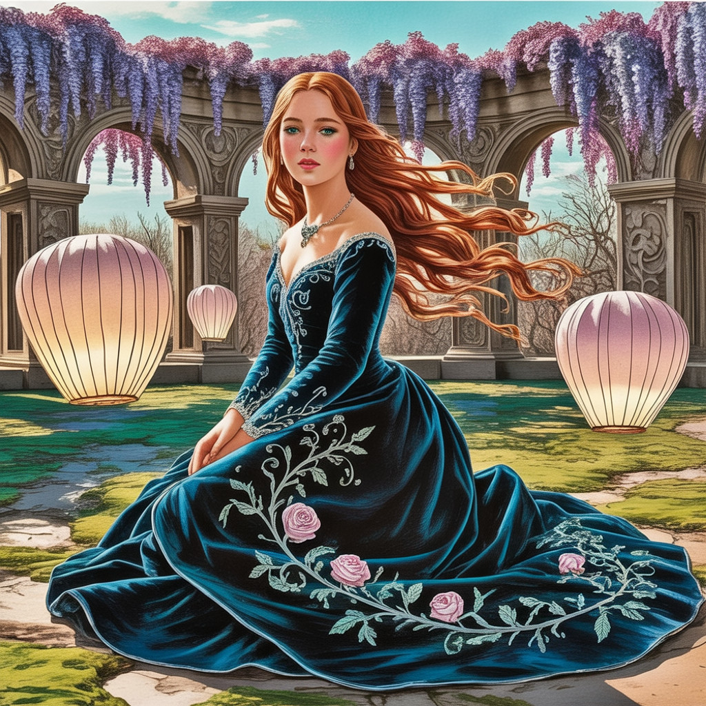 Young woman in blue gown in a lush garden setting