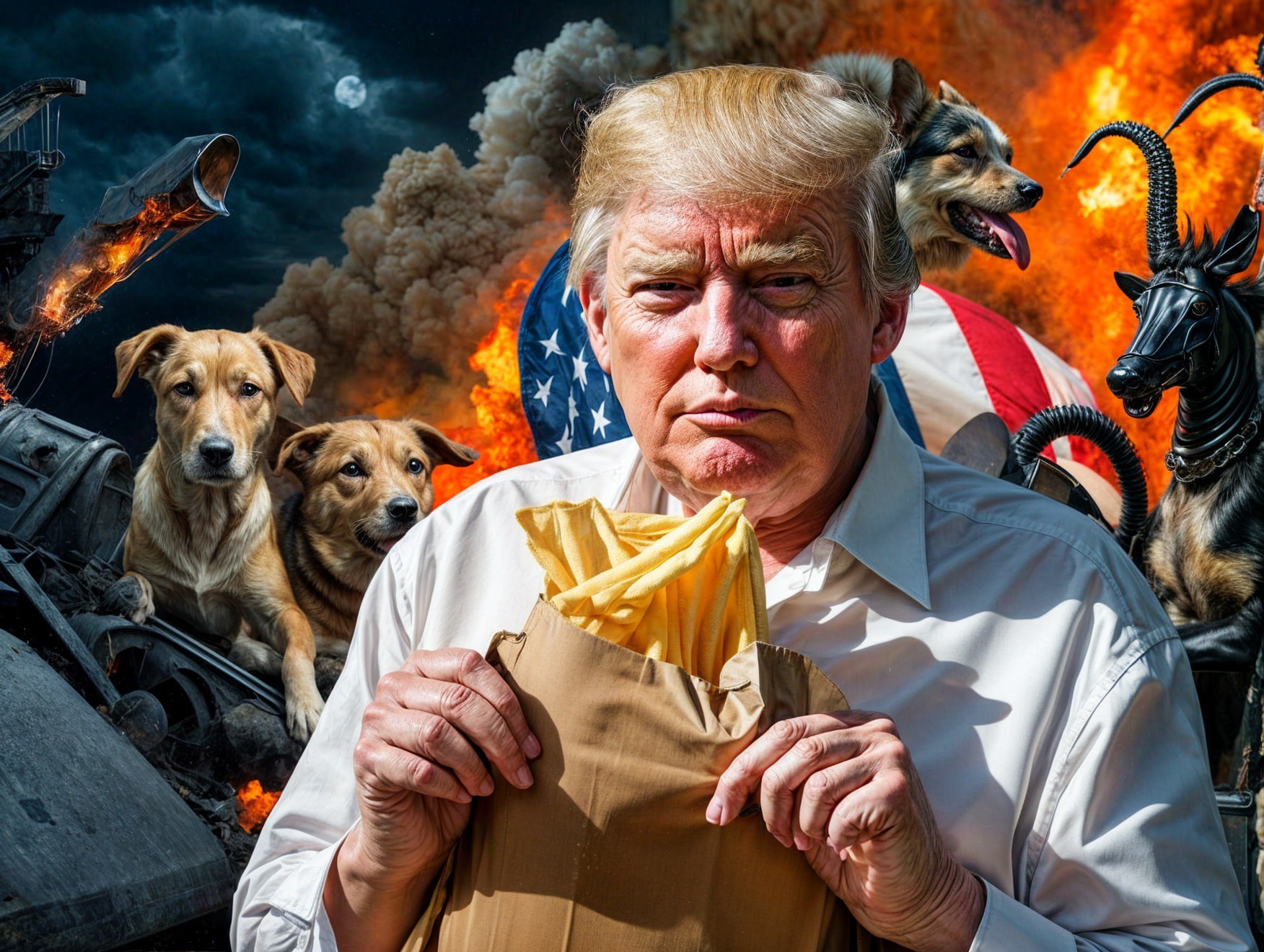 Man with fries in chaotic scene with American flag