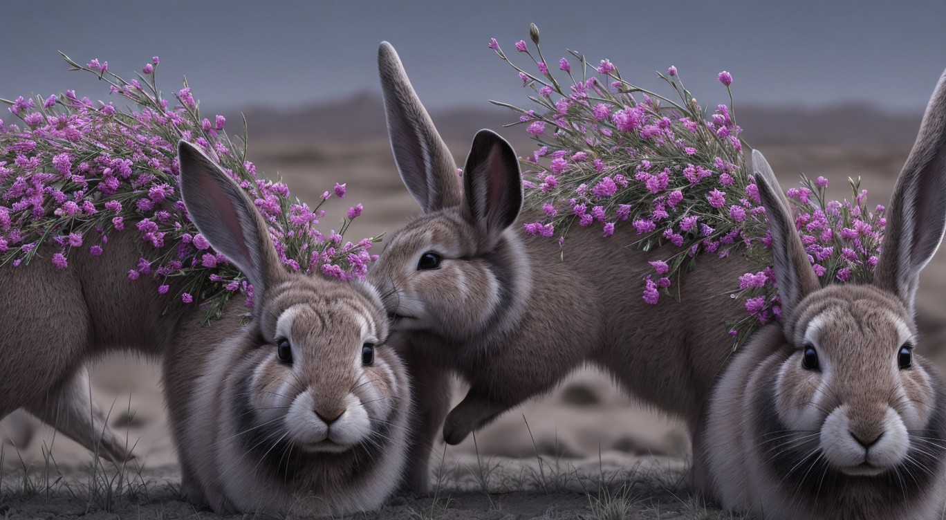 Rabbits with Pink Flowers in a Serene Landscape