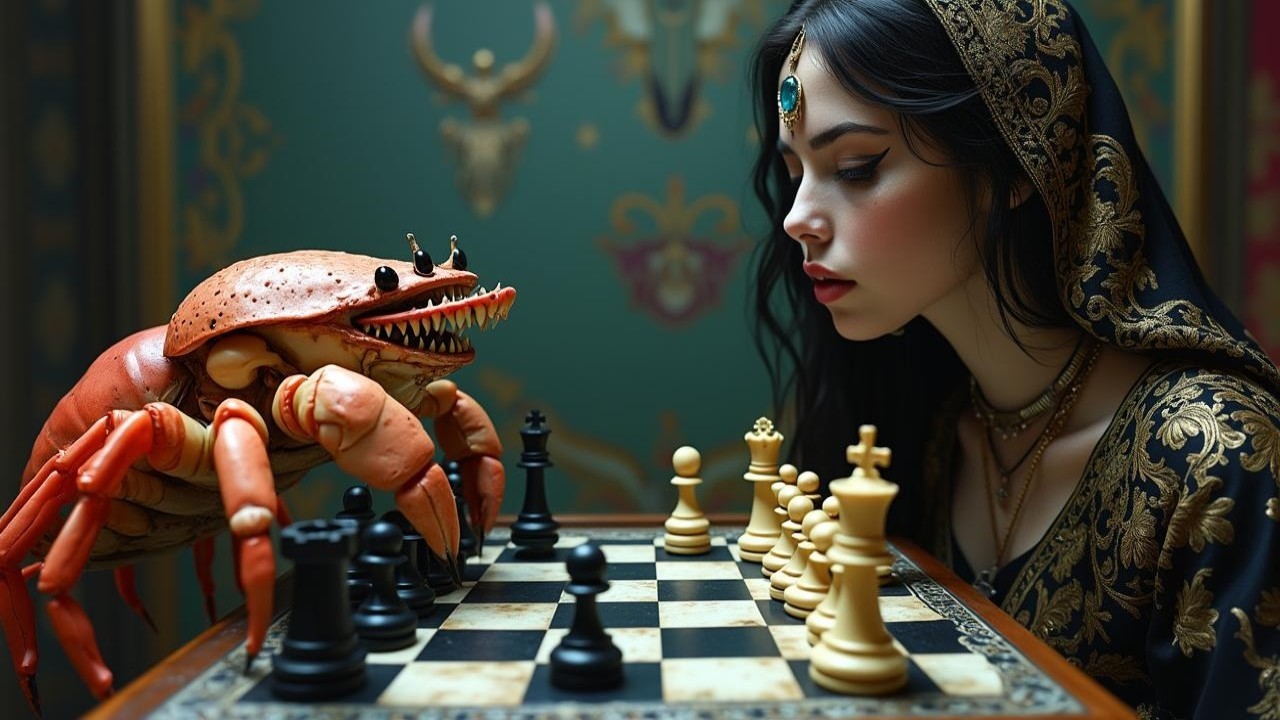 Whimsical Chess Match Between Woman and Animated Crab