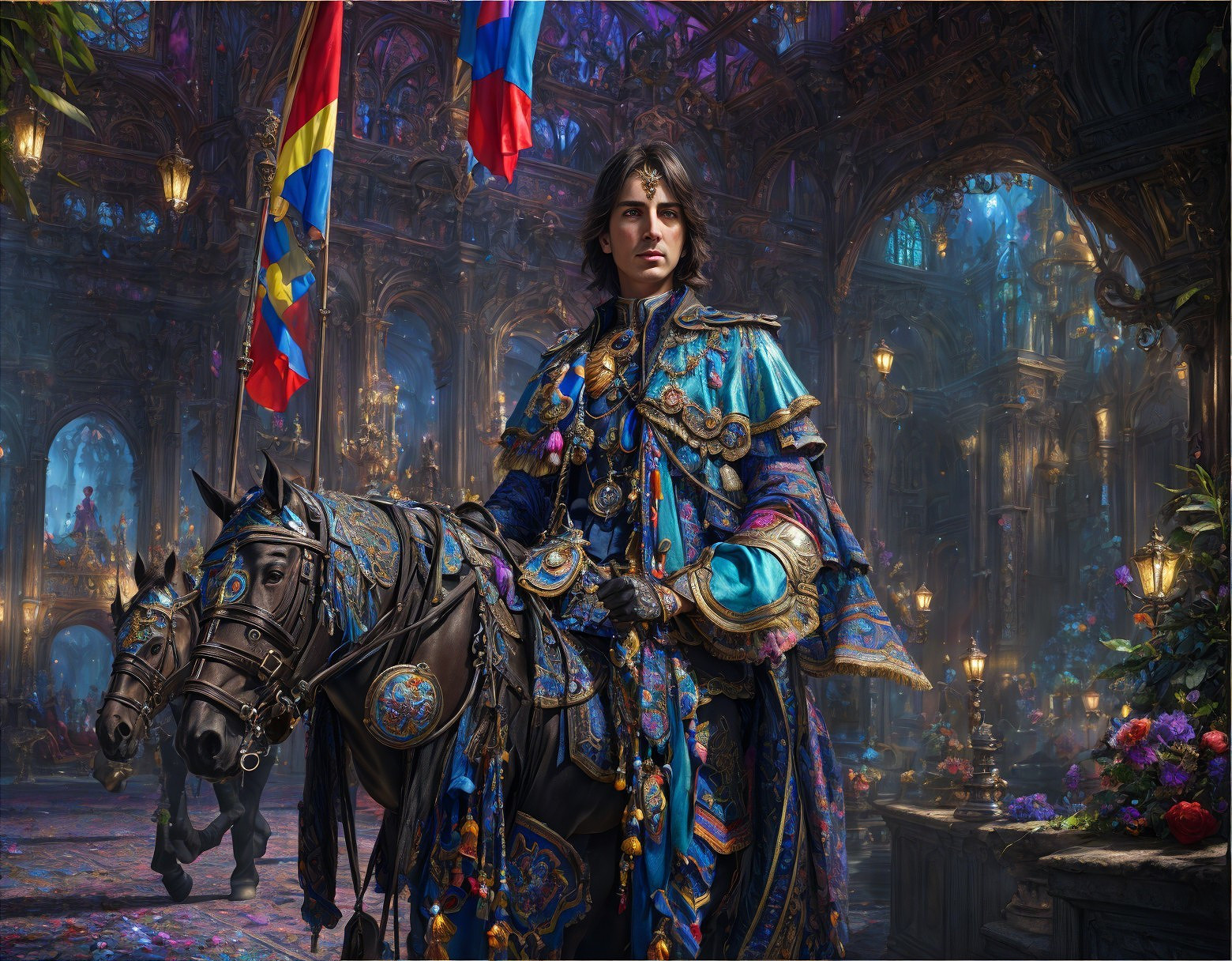 Regal Figure on Ornate Horse in Grand Hall Setting