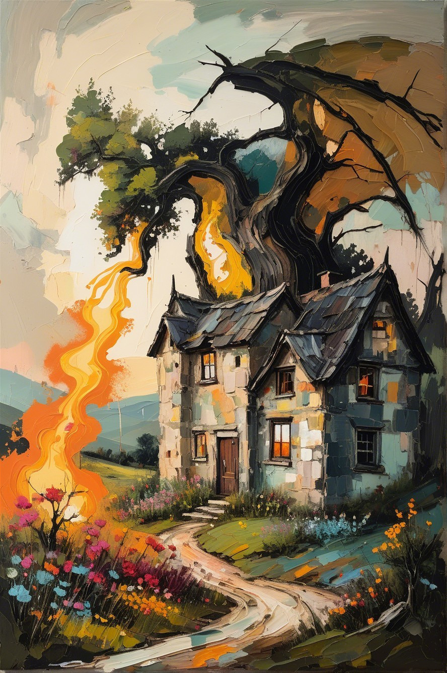 Whimsical Cottage in a Colorful, Fiery Landscape