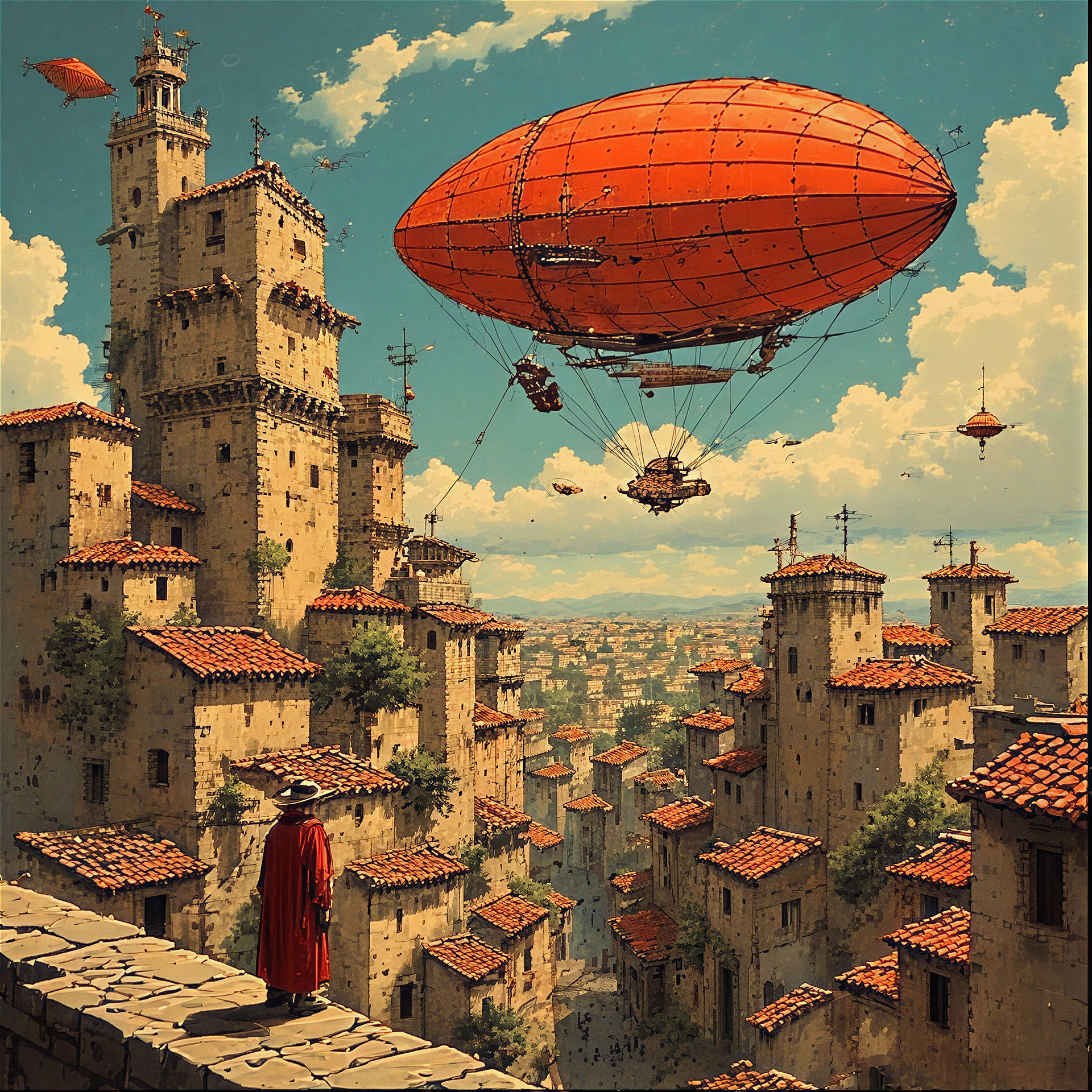 Vibrant Steampunk Cityscape with Airships and Buildings