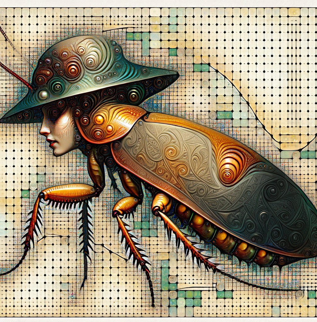 Surreal Artwork of Human-Cockroach Fusion with Patterns