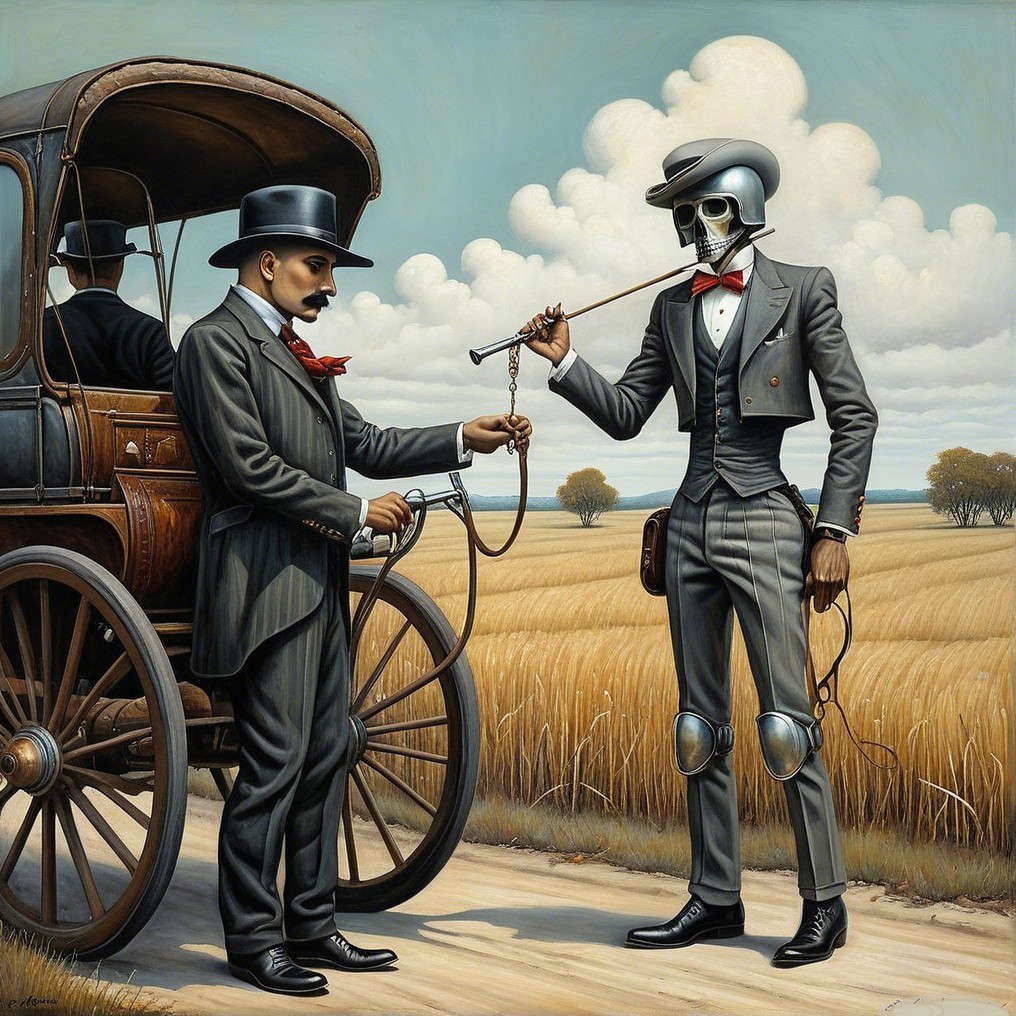 Surreal Scene of Dapper Skeleton and Man by Carriage