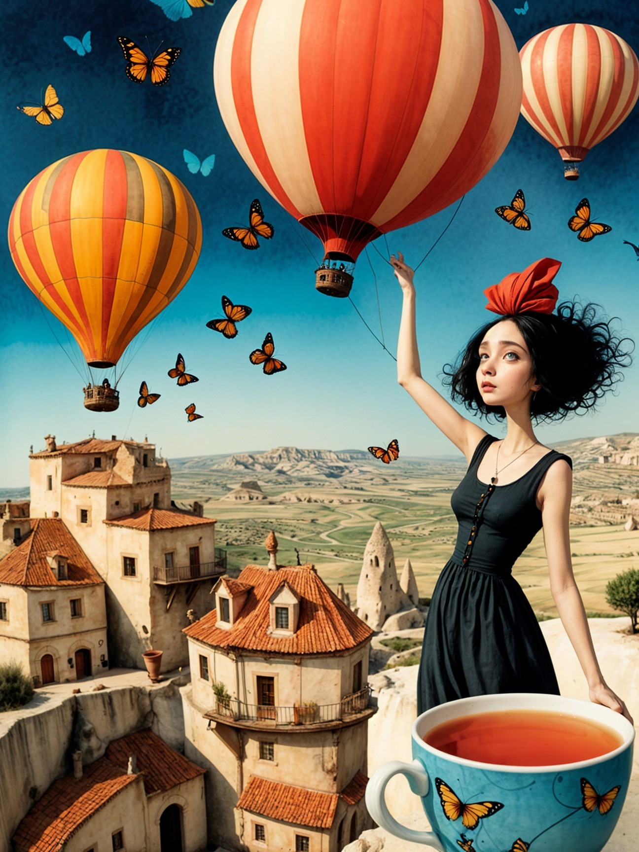 Whimsical Scene with Balloons and a Charming Village