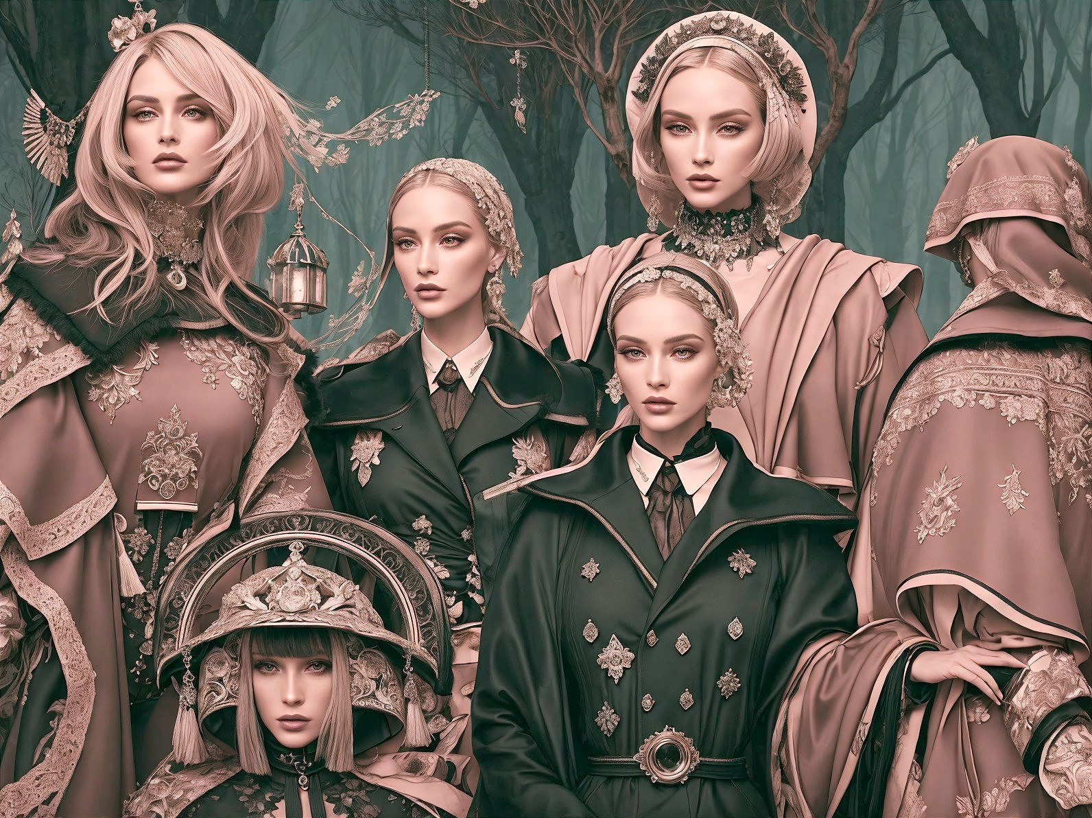 Elegantly Dressed Women in a Mystical Forest Setting