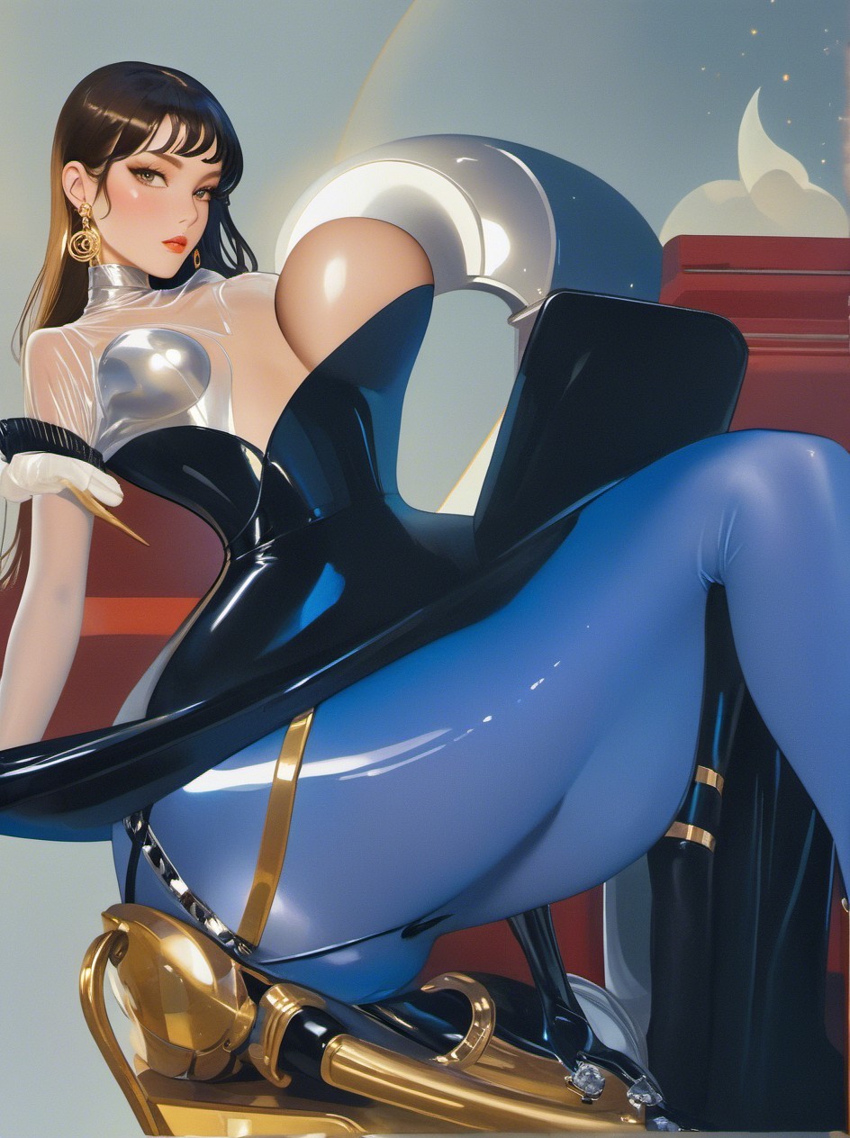 Stylish Character in Glossy Black and Blue Outfit