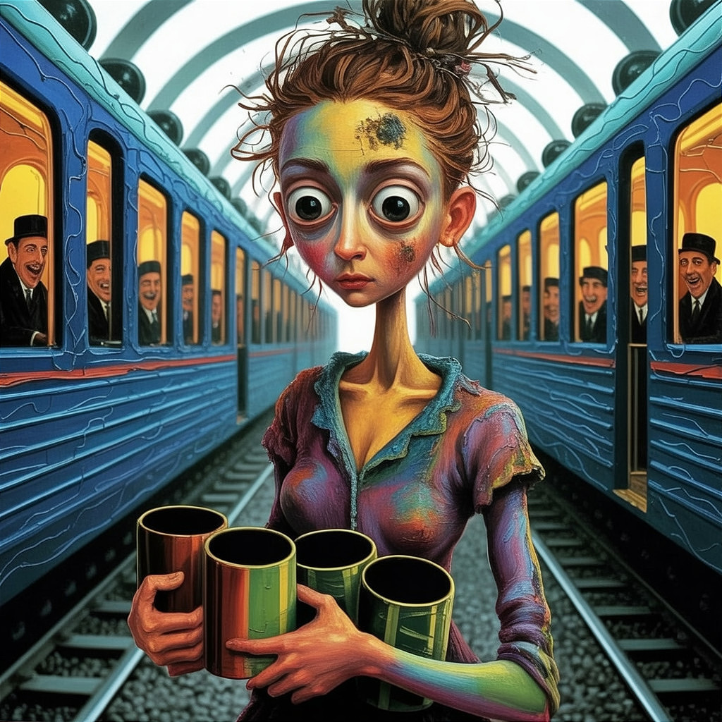 Stylized Character with Colorful Cups on Train Platform