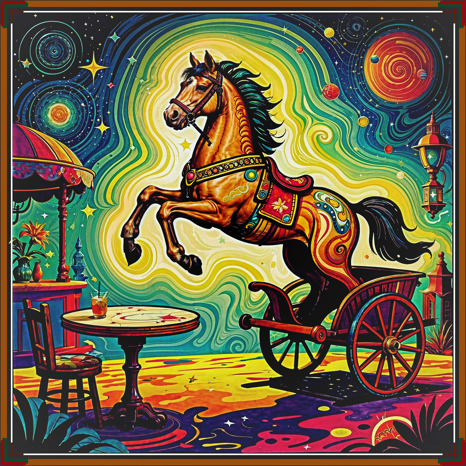 Surreal Artwork of Horse-Drawn Carriage in Vibrant Colors