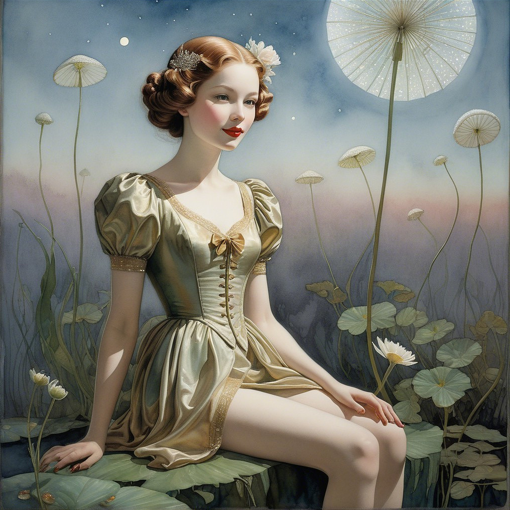 Whimsical Portrait of Young Woman Among Lotus Flowers