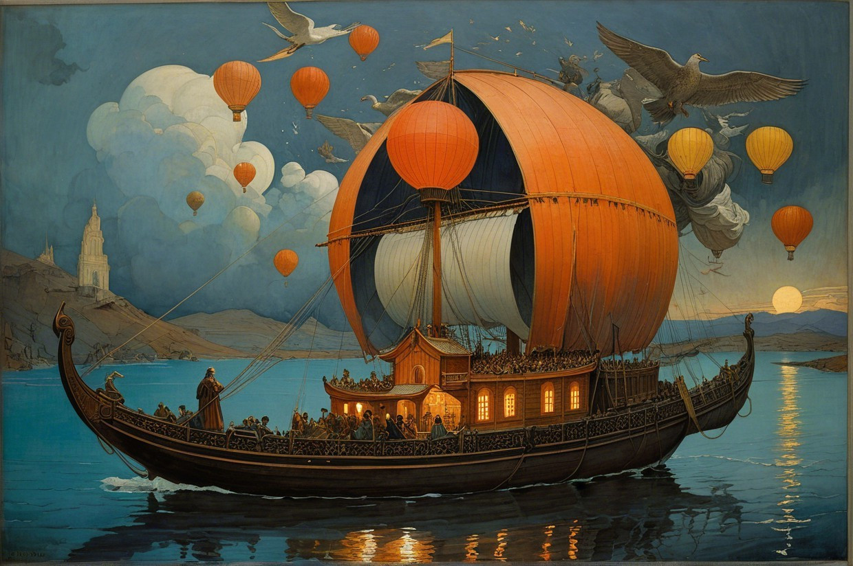 Grand ship with orange sail on tranquil waters