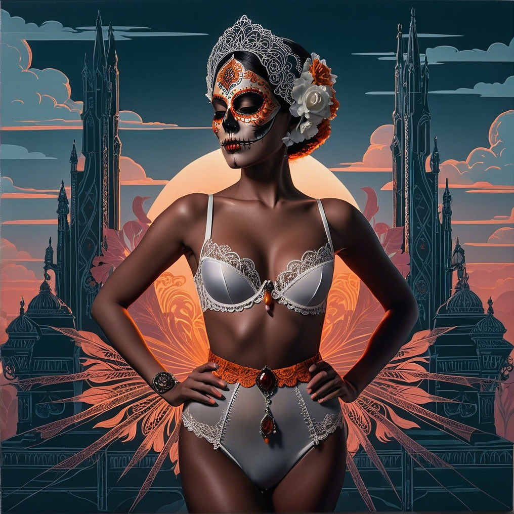 Elegant Figure in Lace Outfit with Colorful Makeup