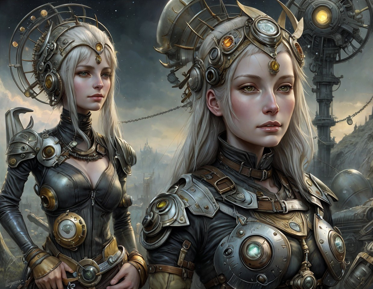Steampunk Armor with Women Against Dramatic Sky