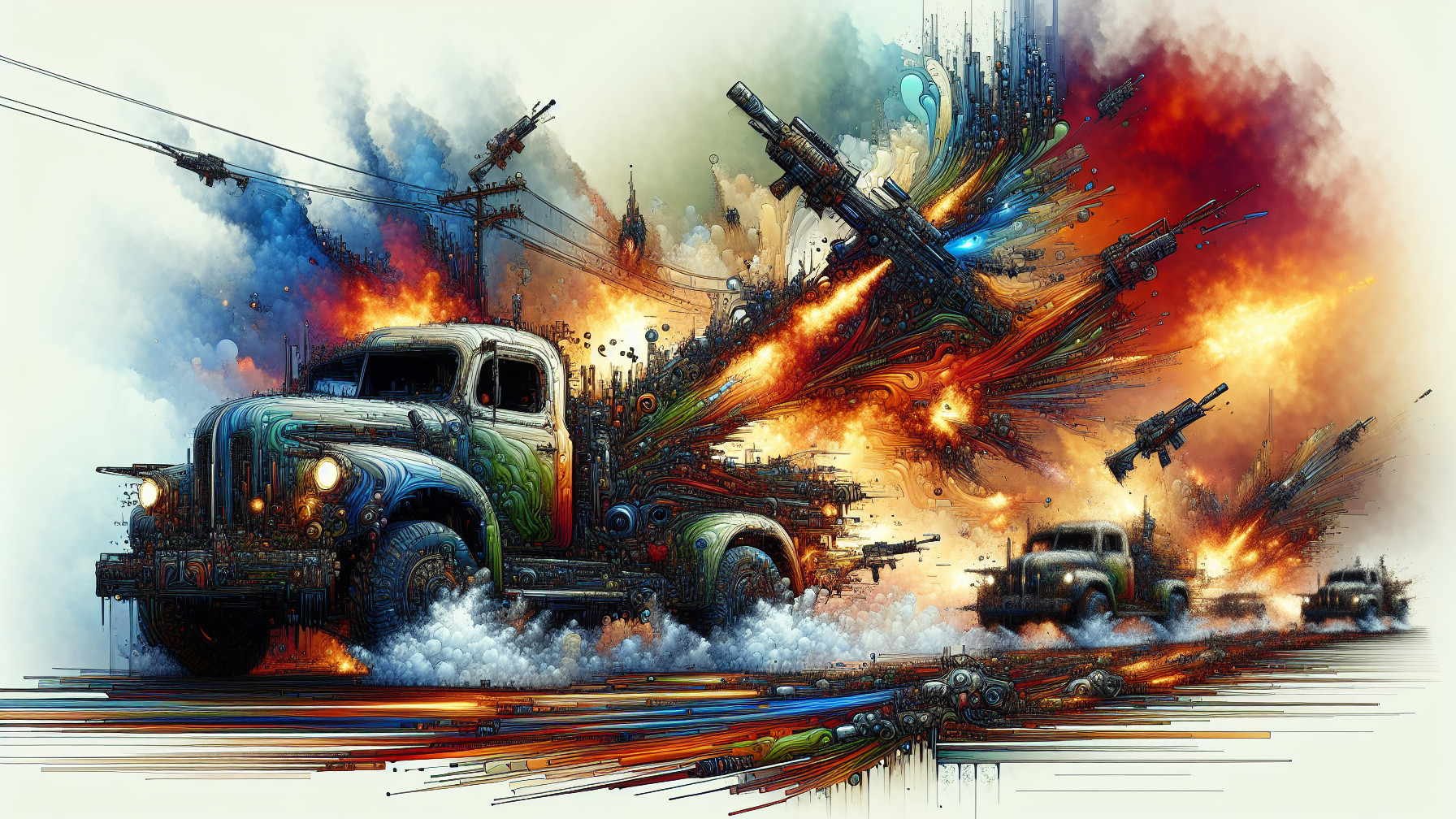 Vintage Trucks Racing on a Dynamic, Colorful Road