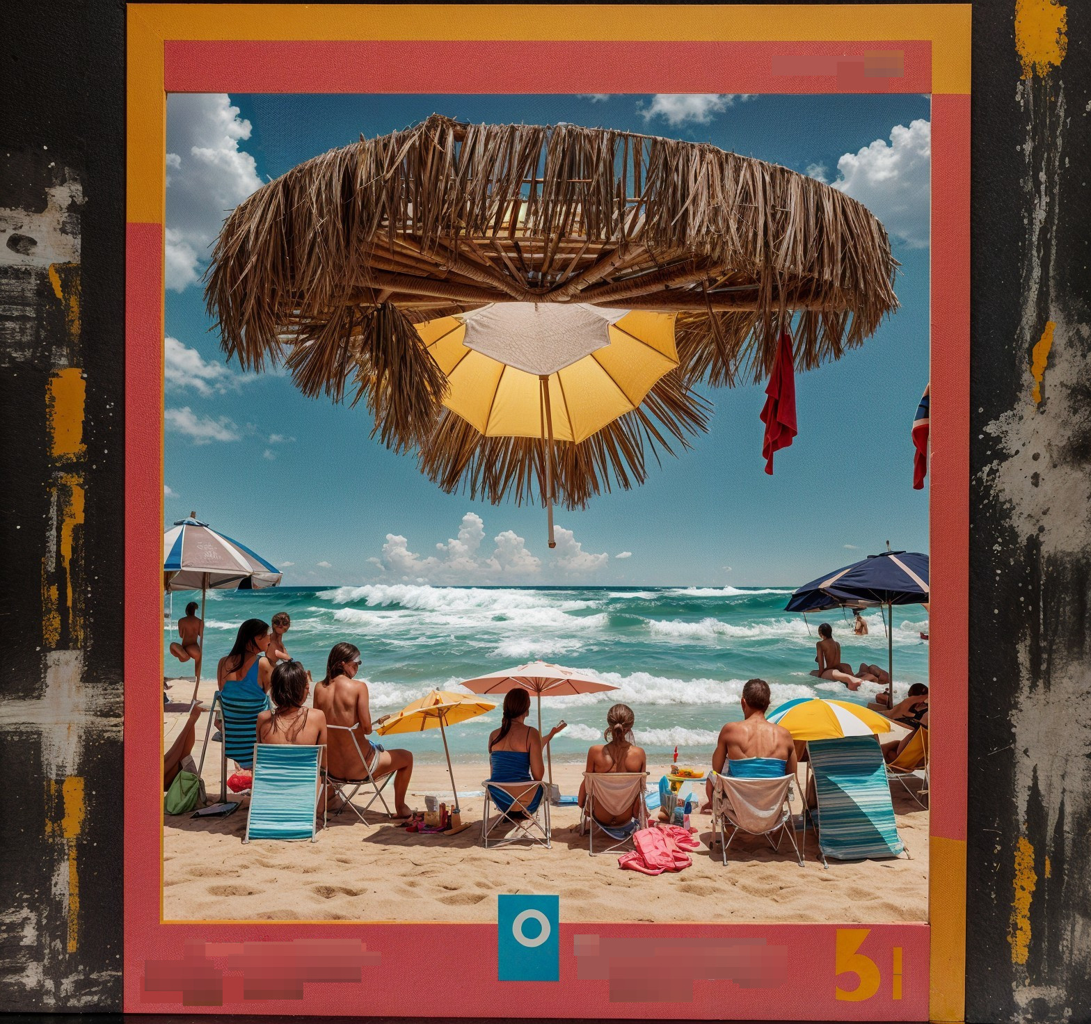 Vibrant Beach Scene with Colorful Umbrellas and Waves