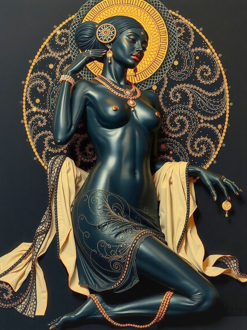 Woman in Intricate Jewelry with Radiant Background